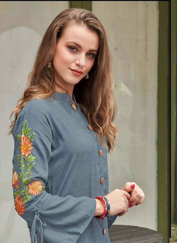 Grey Rayon Embroidered Long Kurtis