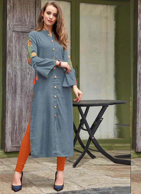 Grey Rayon Embroidered Long Kurtis