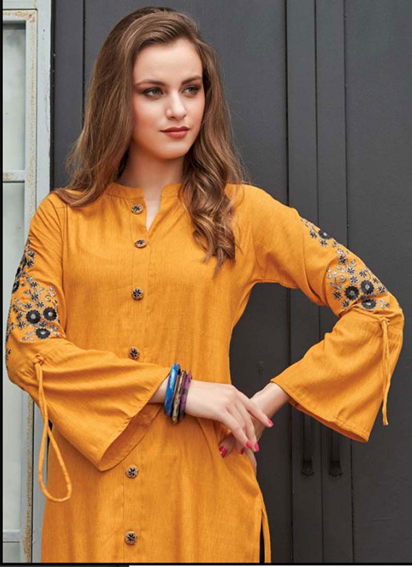 Yellow Rayon Embroidered Long Kurtis