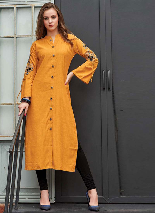 Yellow Rayon Embroidered Long Kurtis