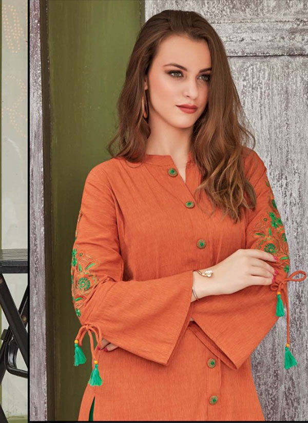 Orange Rayon Embroidered Long Kurtis