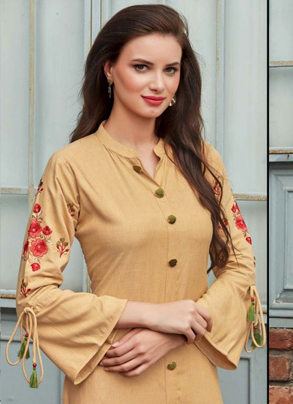 Cream Rayon Embroidered Long Kurtis