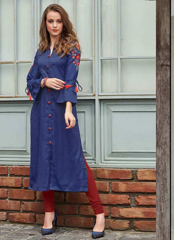 Blue Rayon Embroidered Long Kurtis