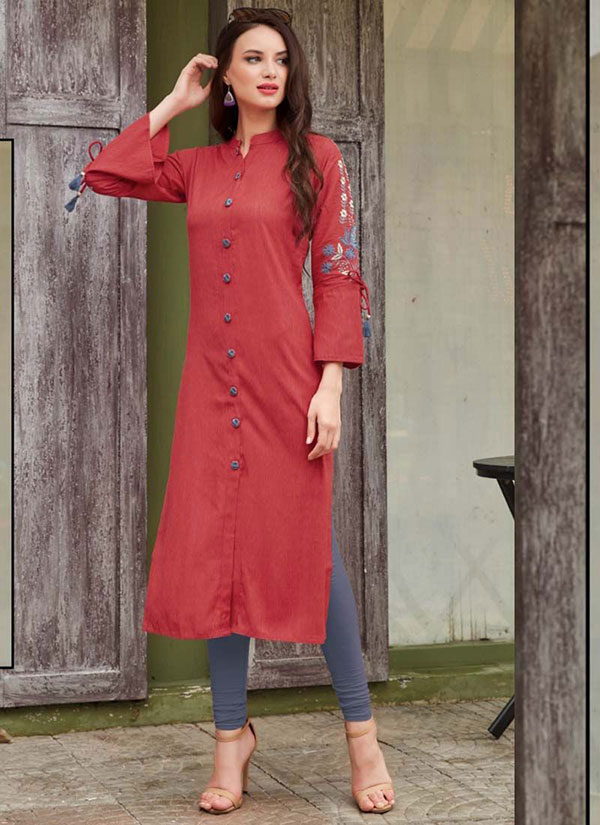 Red Rayon Embroidered Long Kurtis