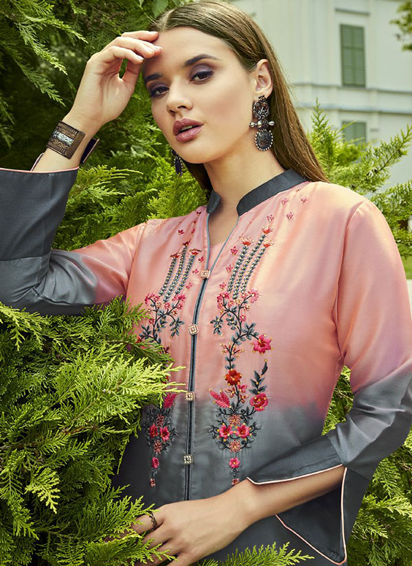 Light Peach Georgette Embroidered Pakistani Kurtis