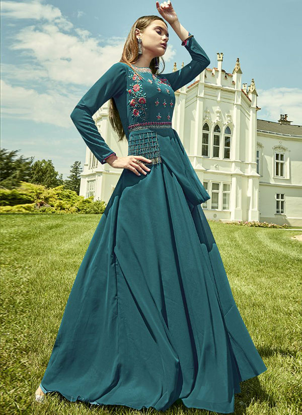 Dark Teal Georgette Embroidered Pakistani Kurtis