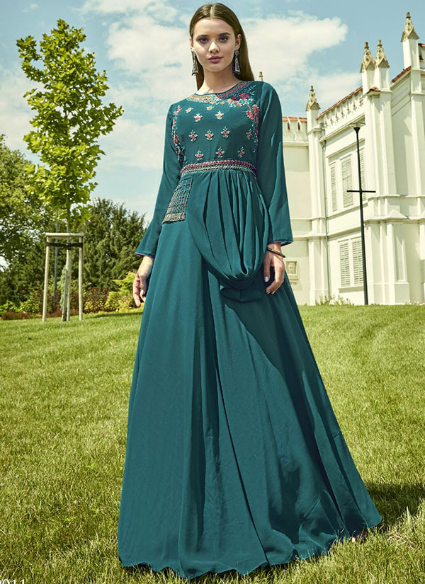 Dark Teal Georgette Embroidered Pakistani Kurtis