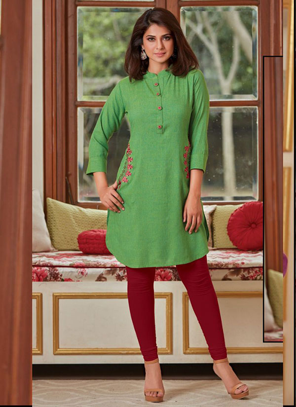 Parrot Green Rayon Embroidered Short Kurtis