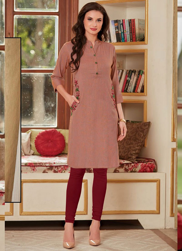 Light Brown Rayon Embroidered Short Kurtis