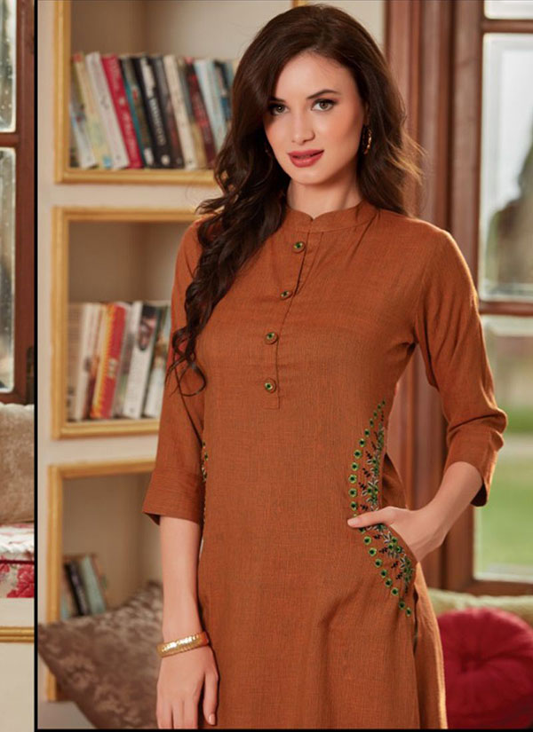 Mustard Rayon Embroidered Short Kurtis