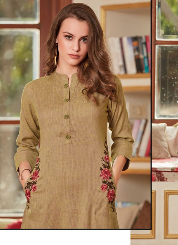 Cream Rayon Embroidered Short Kurtis