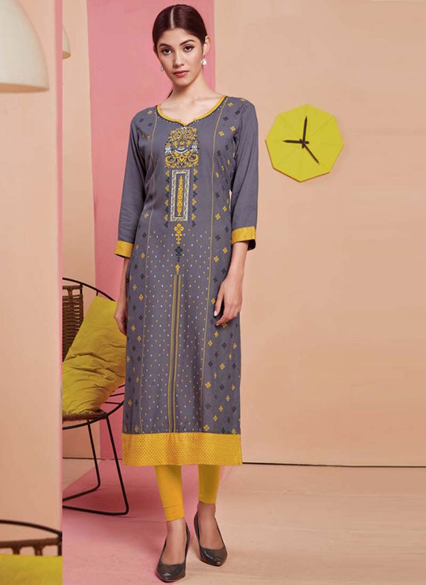 Grey Rayon Printed Long Kurtis