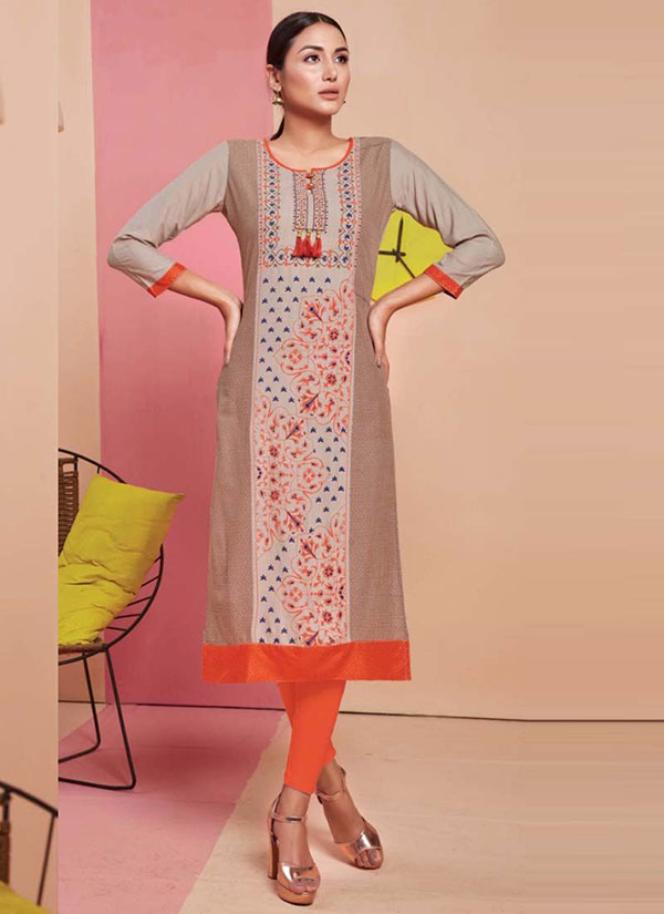 Beige Rayon Printed Long Kurtis