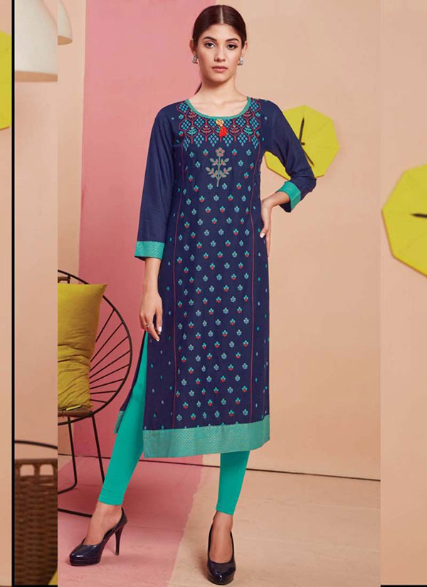 Blue Rayon Printed Long Kurtis