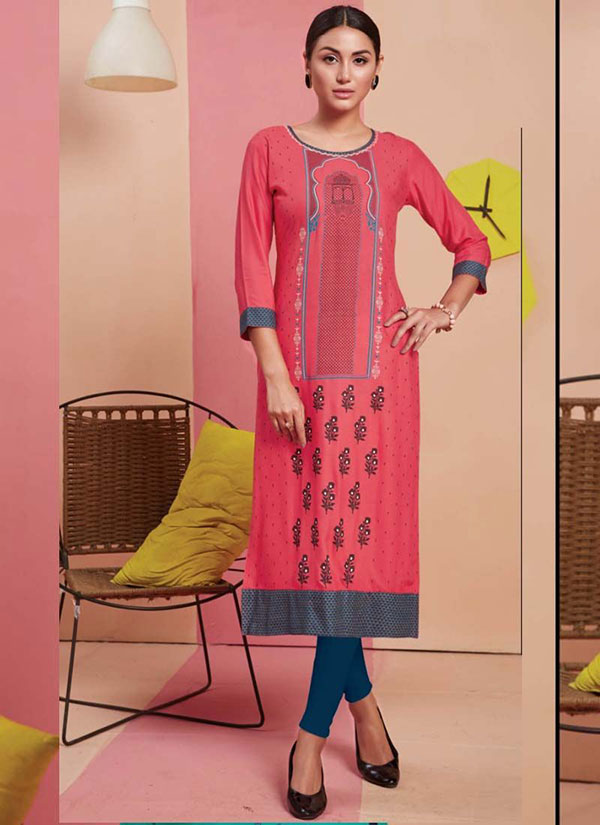 Peach Rayon Printed Long Kurtis