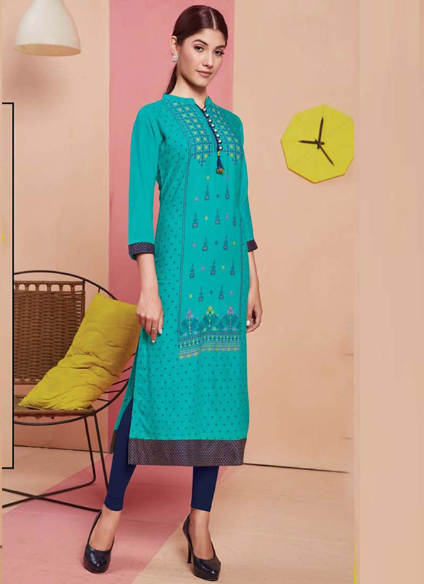 Turquoise Rayon Printed Long Kurtis
