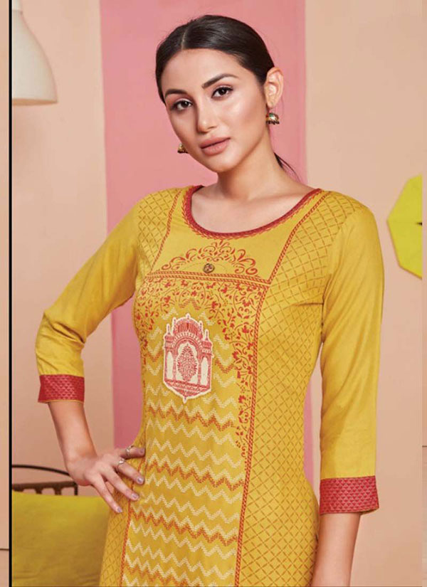 Yellow Rayon Printed Long Kurtis