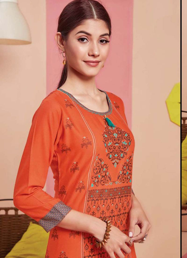 Orange Rayon Printed Long Kurtis