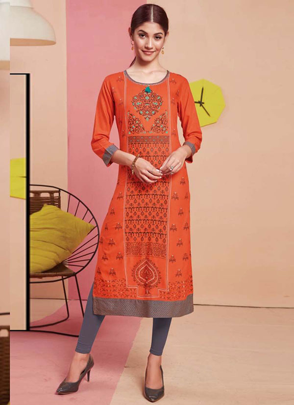 Orange Rayon Printed Long Kurtis