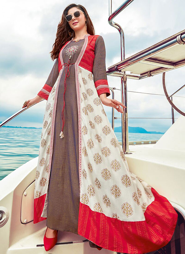 White Rayon Embroidered Pakistani Kurtis