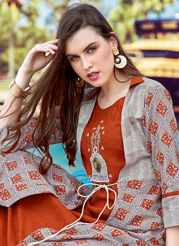 Mustard Rayon Embroidered Pakistani Kurtis