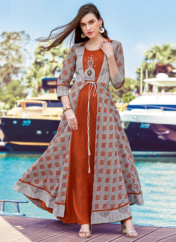 Mustard Rayon Embroidered Pakistani Kurtis