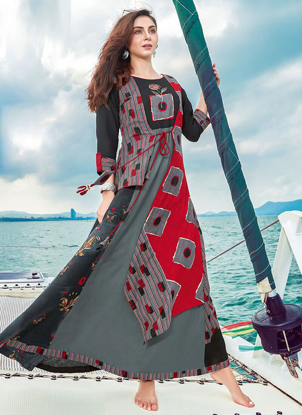 Grey Rayon Embroidered Pakistani Kurtis