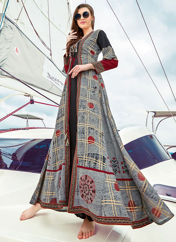 Grey Rayon Embroidered Pakistani Kurtis