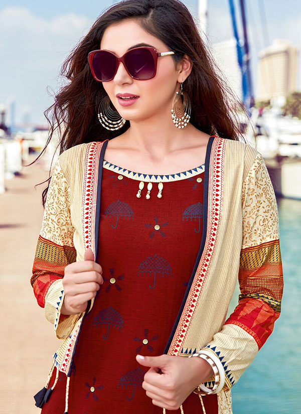 Cream Rayon Embroidered Pakistani Kurtis