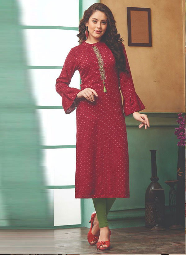 Maroon Rayon Embroidered Long Kurtis