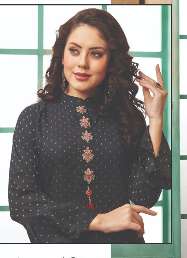 Black Rayon Embroidered Long Kurtis