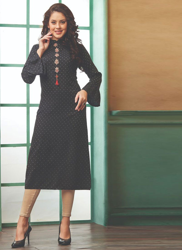 Black Rayon Embroidered Long Kurtis