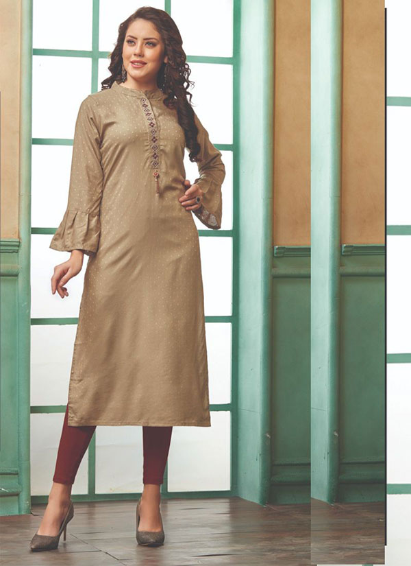 Beige Rayon Embroidered Long Kurtis