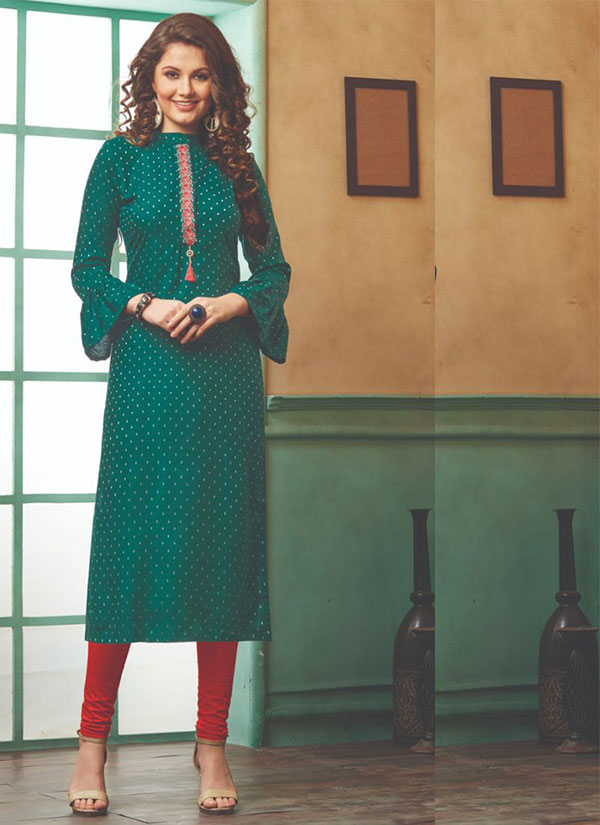 Dark Green Rayon Embroidered Long Kurtis