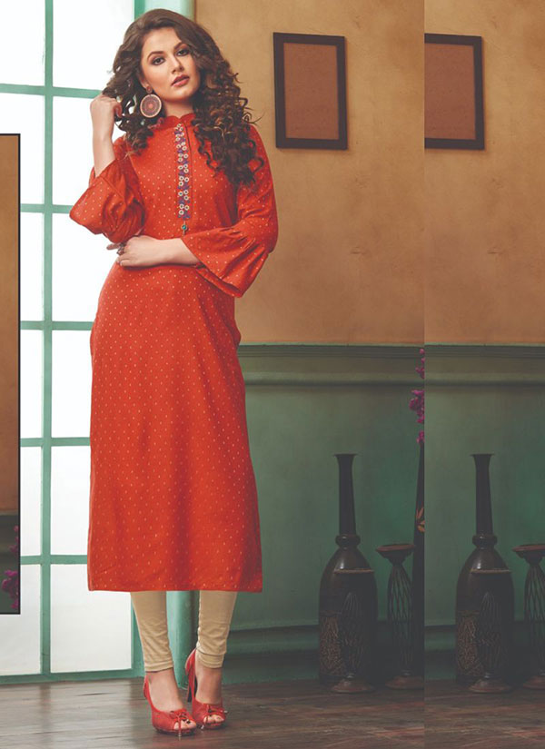 Orange Rayon Embroidered Long Kurtis