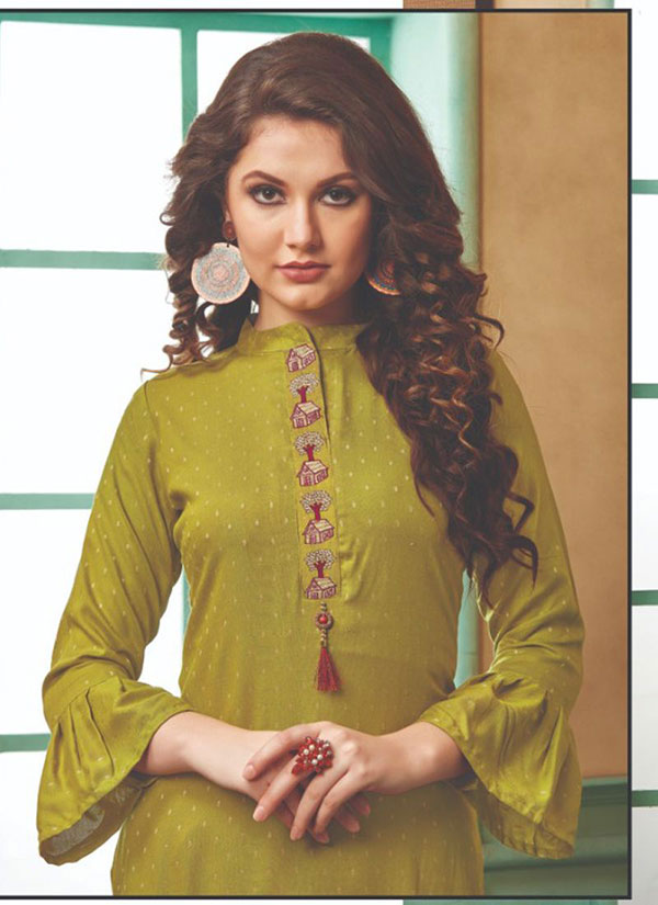 Olive Rayon Embroidered Long Kurtis