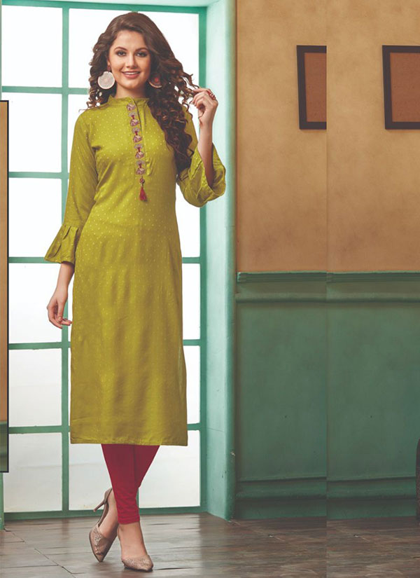 Olive Rayon Embroidered Long Kurtis