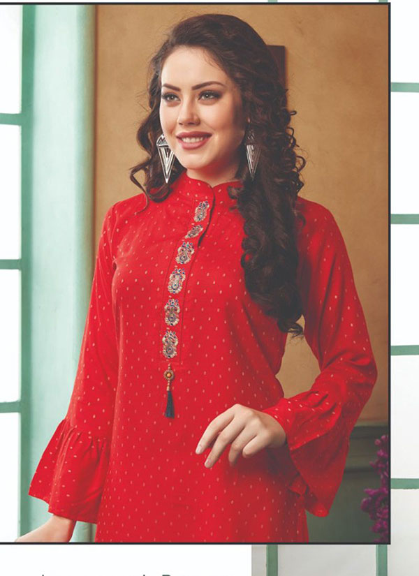 Red Rayon Embroidered Long Kurtis