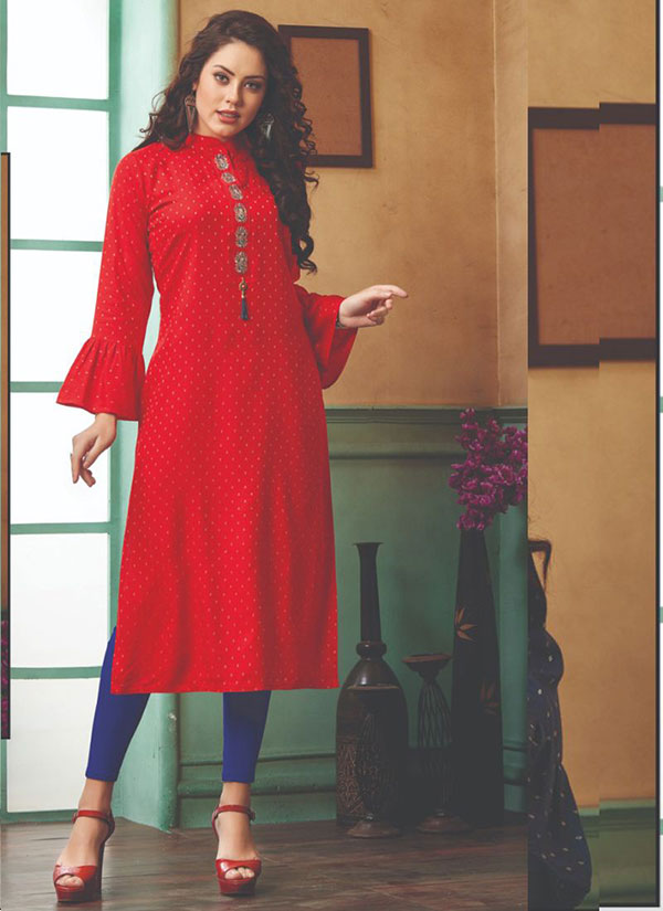 Red Rayon Embroidered Long Kurtis