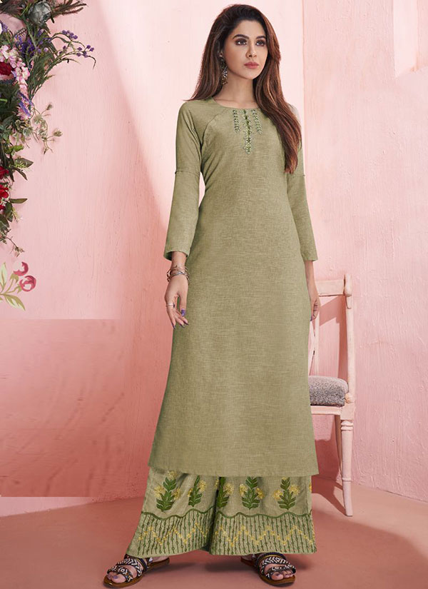 Olive Rayon Embroidered Kurtas And Kurtis