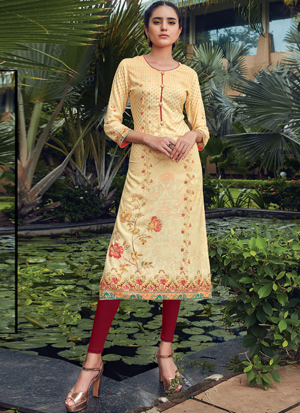 Yellow Rayon Embroidered Long Kurtis