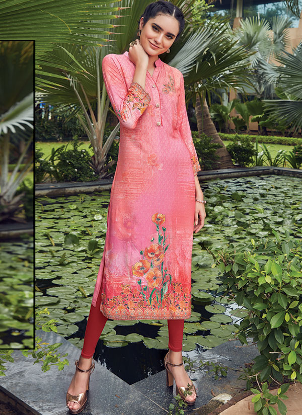 Pink Rayon Embroidered Long Kurtis