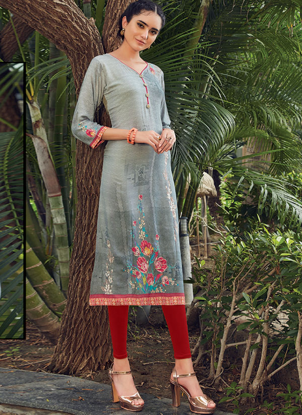 Grey Rayon Embroidered Long Kurtis