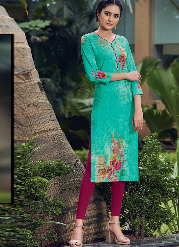 Turquoise Rayon Embroidered Long Kurtis