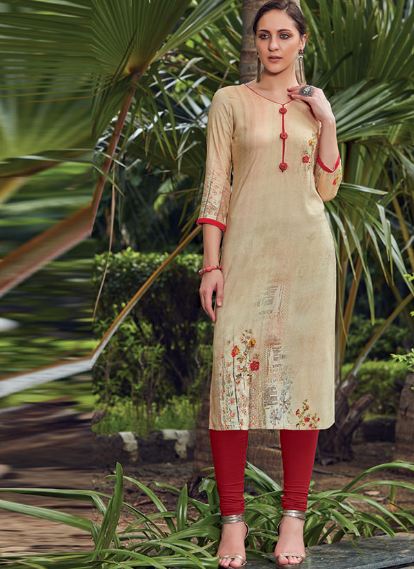 Beige Rayon Embroidered Long Kurtis