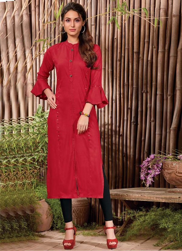 Red Rayon Hand Woven Long Kurtis