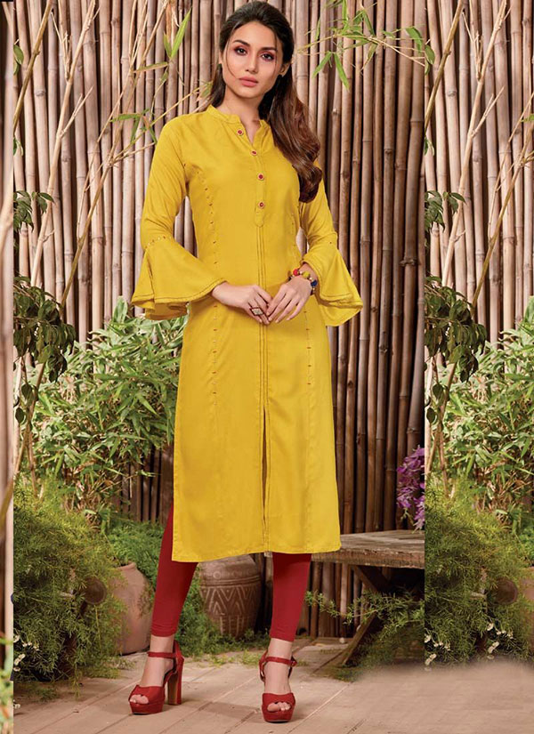 Yellow Rayon Hand Woven Long Kurtis