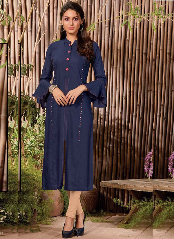 Blue Rayon Hand Woven Long Kurtis