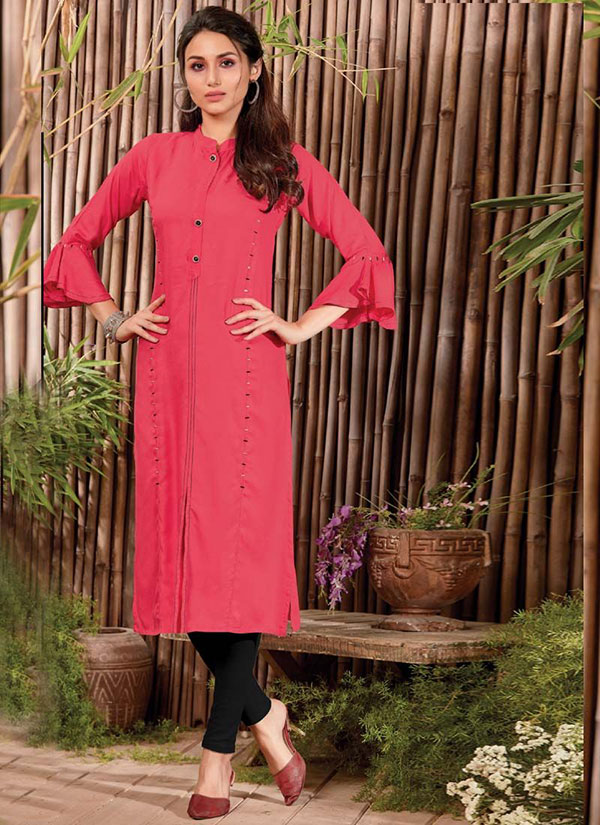 Dark Pink Rayon Hand Woven Long Kurtis