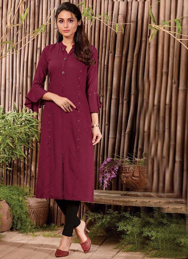 Dark Maroon Rayon Hand Woven Long Kurtis